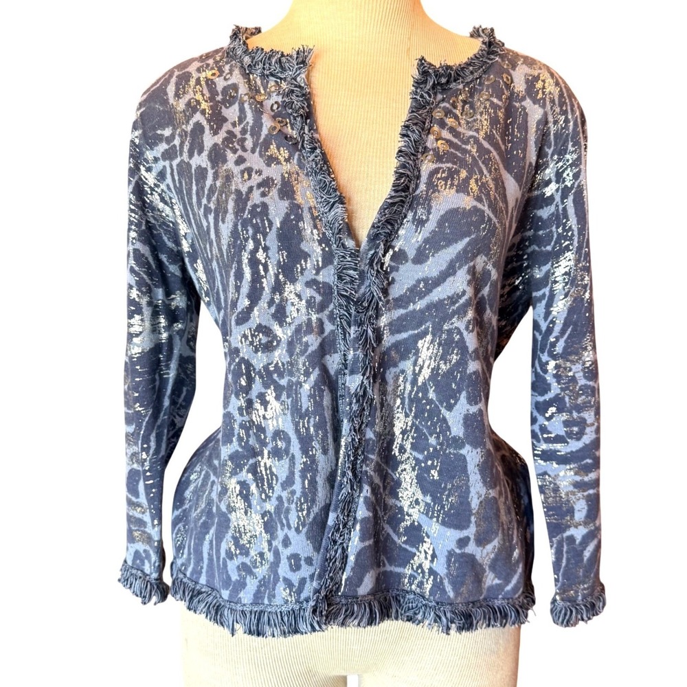 Chico's Linen-Cotton‎ Metallic Fringe Open Cardigan Size 2 (Medium) Blue Silver